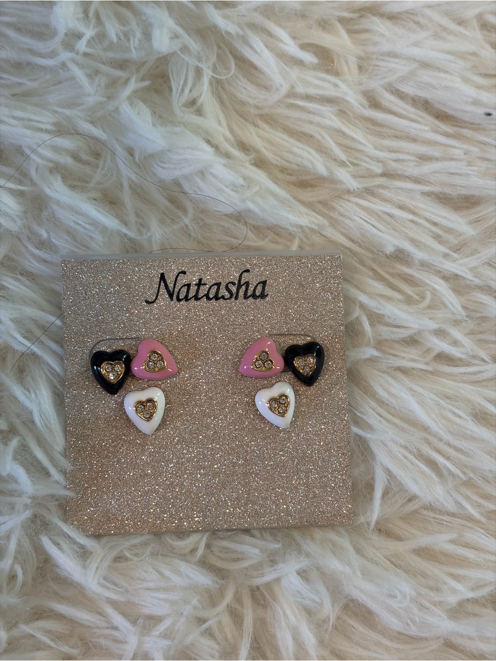 Natasha Heart Trio Stud Earrings - Pink, Black & White